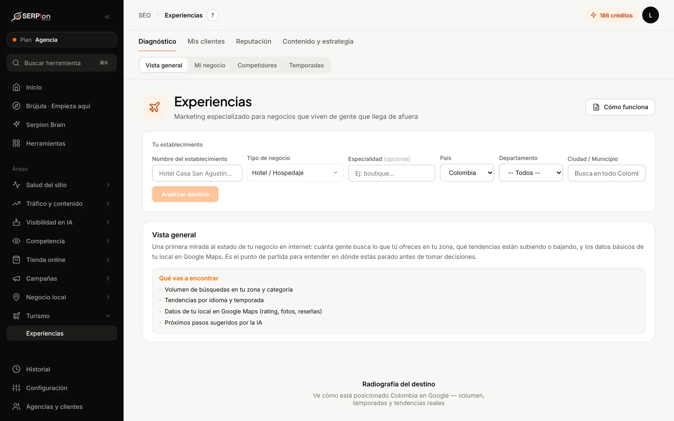 Pantalla de SEO para Negocios de Experiencias dentro de Serpion