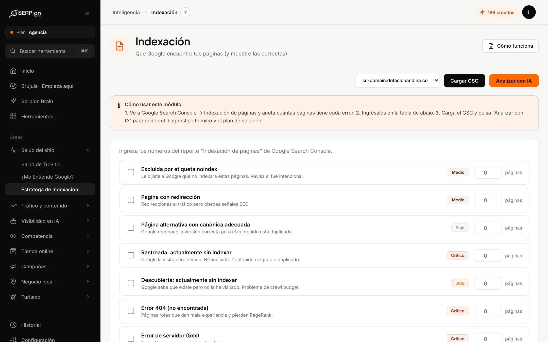 Pantalla de Estratega de Indexación en Serpion