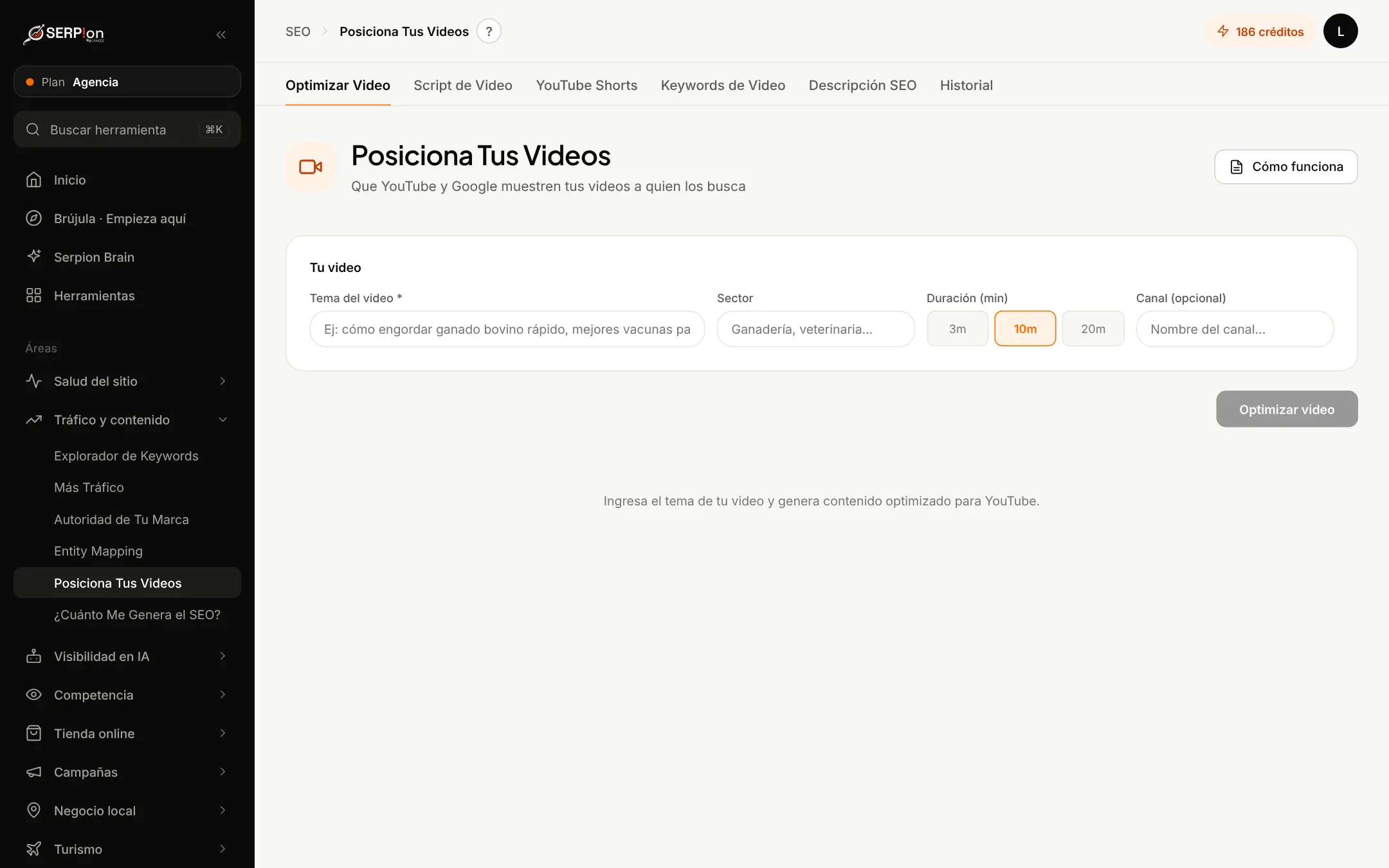Pantalla de Posiciona Tus Videos en Serpion