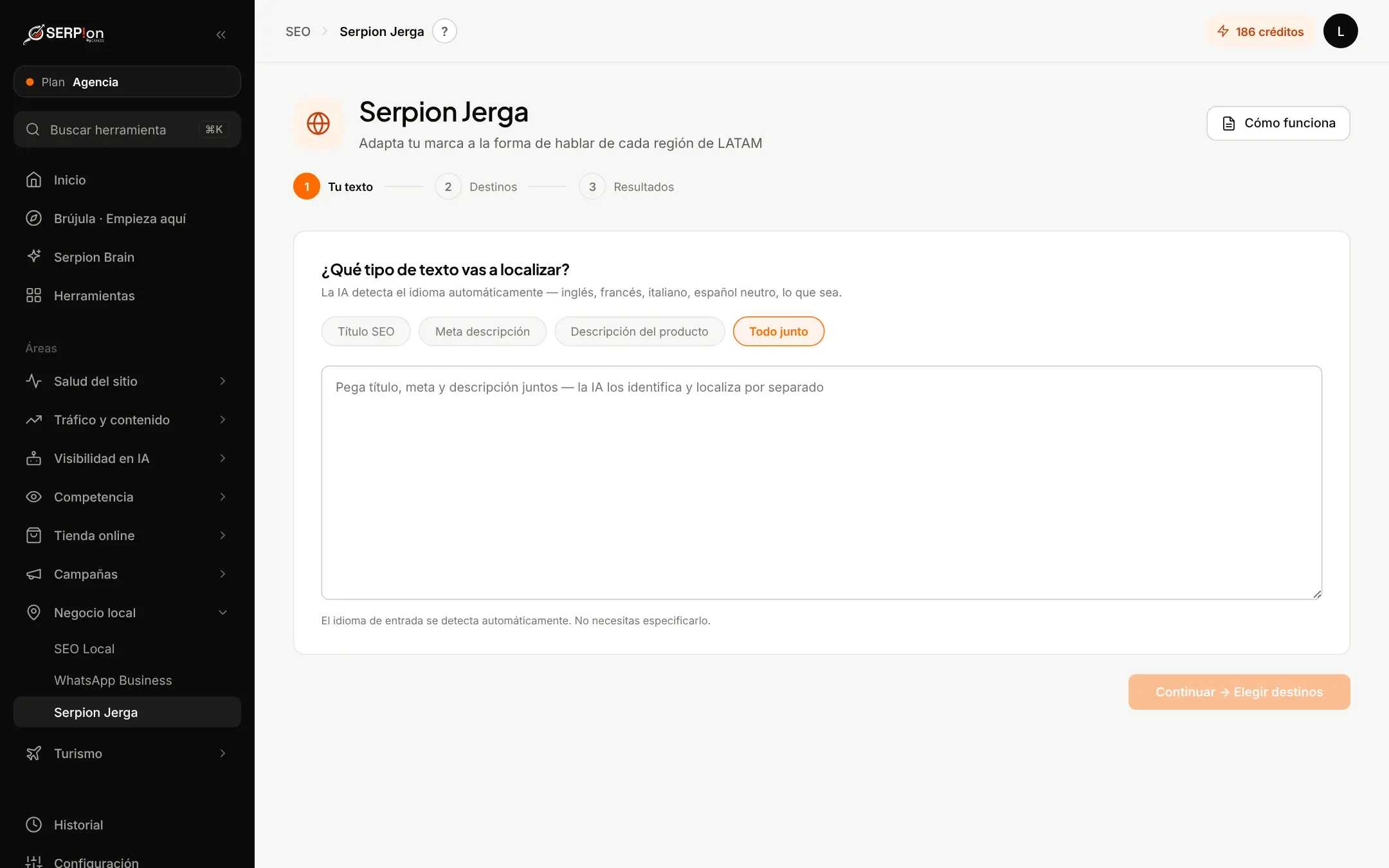 Pantalla de Localización Dialectal de Contenido dentro de Serpion