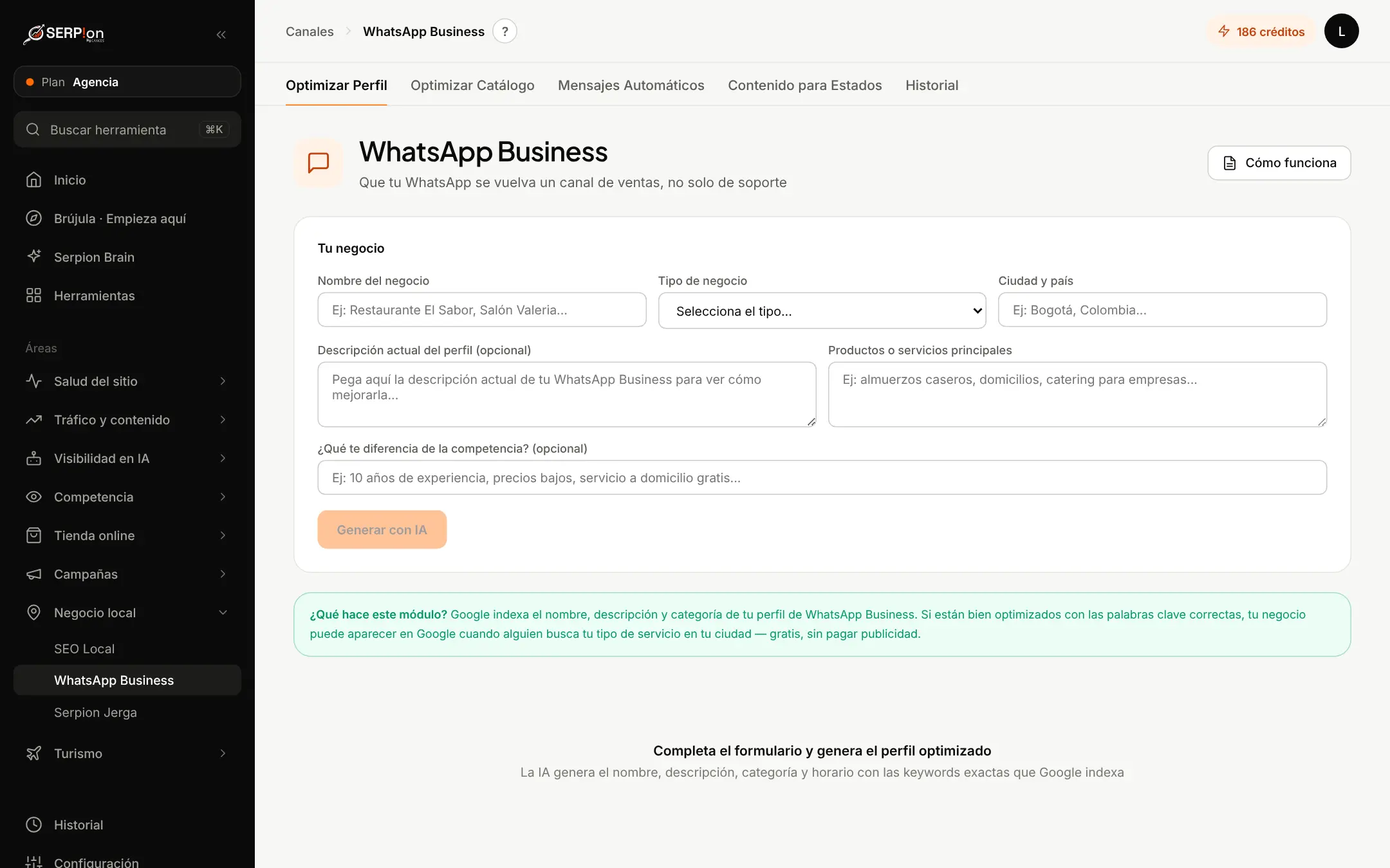 Pantalla de WhatsApp Business en Serpion